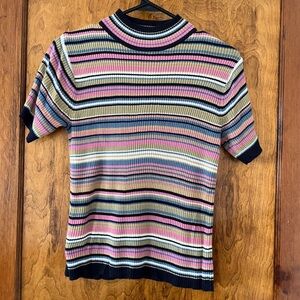 Mockneck Multicolor Striped Ribbed Blouse